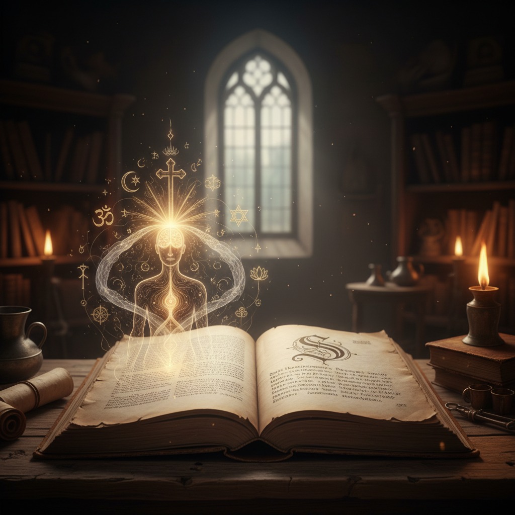 Eine leuchtende, spirituelle Gestalt mit verschiedenen religiösen Symbolen schwebt über einem aufgeschlagenen alten Buch auf einem Holztisch in einer Bibliothek.