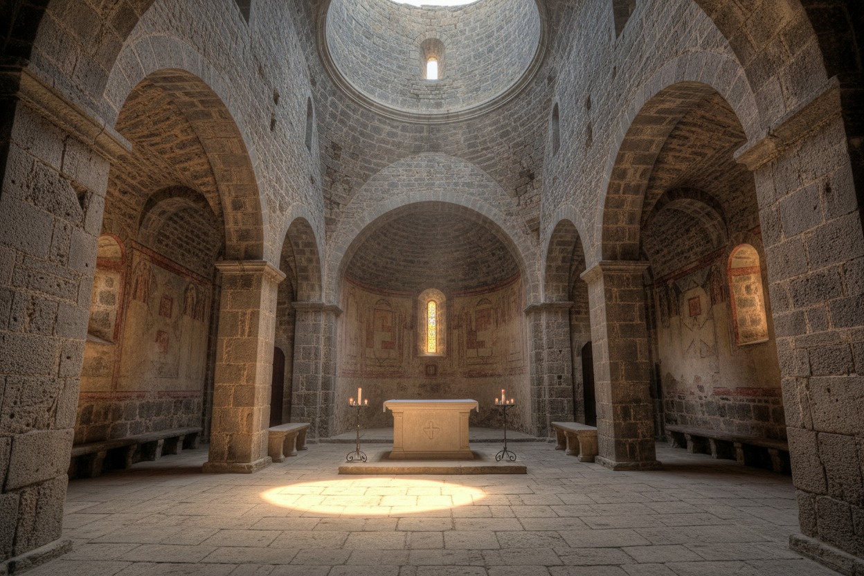 Der Innenraum einer alten Steinkirche mit einem zentralen Altar, der von einem durch die Kuppel einfallenden Lichtstrahl beleuchtet wird.